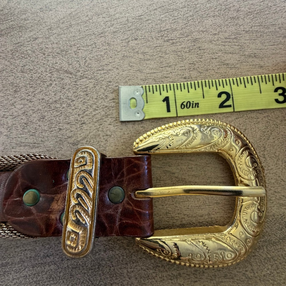Vintage Brown Croc Leather Western Belt Brass Metal Mesh Studs Ornate Buckle 30" - Picture 9 of 13